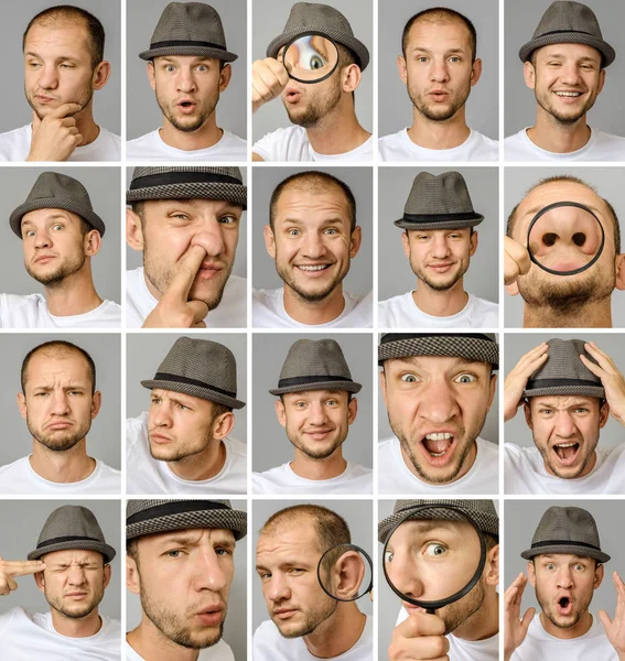 Reihe Von Porträts Junger Männer Mit Unterschiedlichen Emotionen Und Gesten — Stockfoto