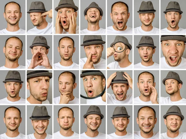 Conjunto Retratos Jovens Com Diferentes Emoções Gestos Com Lupa Chapéu — Fotografia de Stock