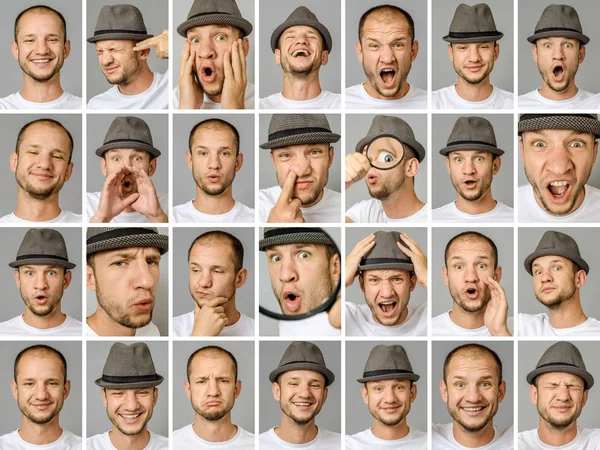 Set Young Man Portraits Different Emotions Gestures Magnifier Hat Isolated — Stock Photo, Image