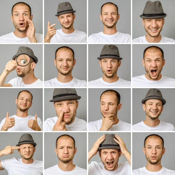 Set Young Man Portraits Different Emotions Gestures Magnifier Hat Isolated Stock Picture