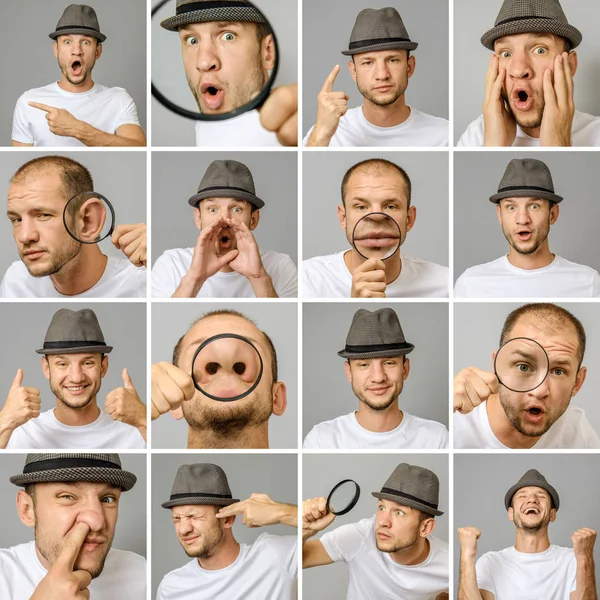 Set Young Man Portraits Different Emotions Gestures Magnifier Hat Isolated Stock Picture