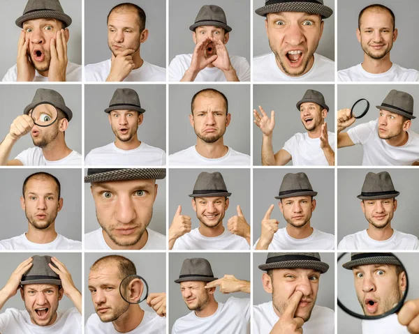 Set Young Man Portraits Different Emotions Gestures Magnifier Hat Isolated Royalty Free Stock Images