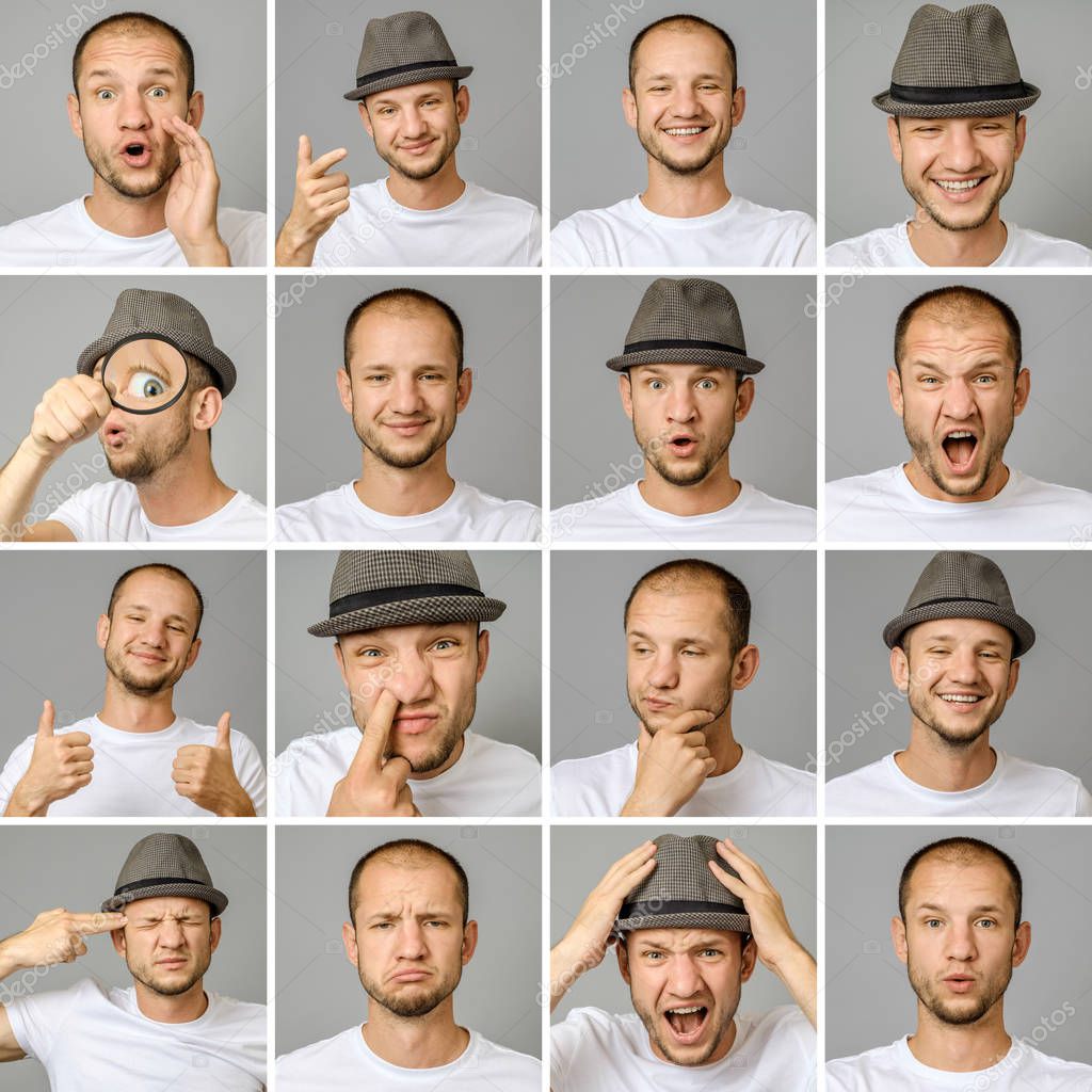 Set of young man's portraits with different emotions and gestures with magnifier and hat isolated over gray background