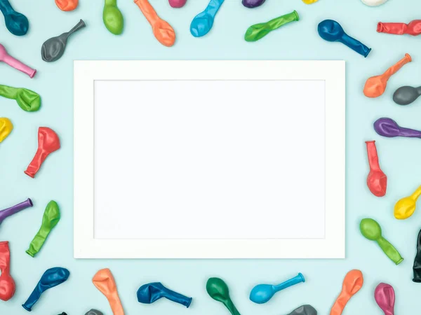 Party or birthday background. Frame with colorful balloons. Tabl