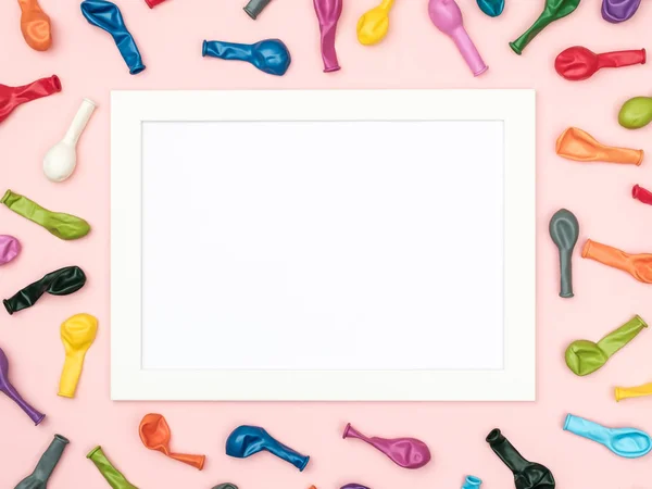 Party or birthday background. Frame with colorful balloons. Tabl