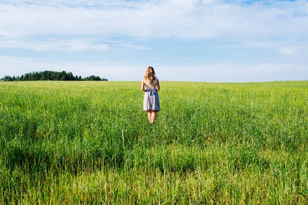 Mujer joven en vestido caminando por el campo de cereales —  Fotos de Stock