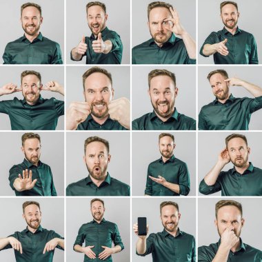 Farklı duygu ve jestleri ile yakışıklı adam seti