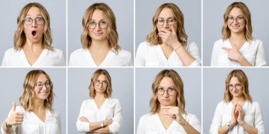 Farklı yüz ifadeleri ve jestleri ile güzel kadın