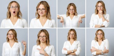 Farklı yüz ifadeleri ve jestleri ile güzel kadın