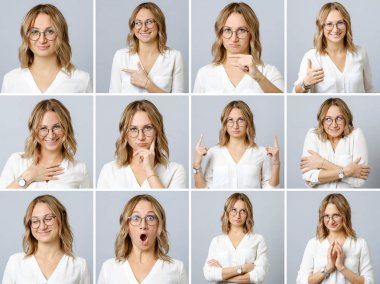 Farklı yüz ifadeleri ve jestleri ile güzel kadın