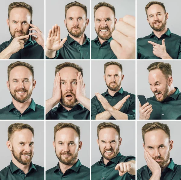 Készlet-ból jóvágású ember-val különböző érzelmek és gesztus — Stock Fotó