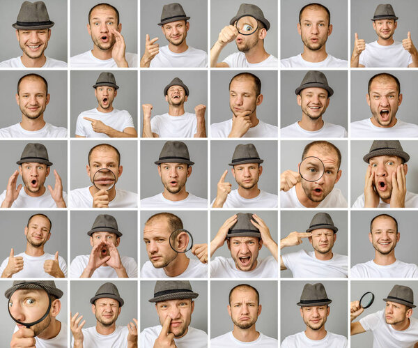 Set of young man's portraits with different emotions and gesture