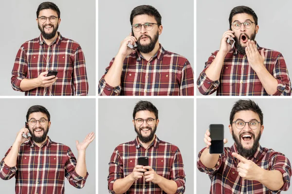 Набір красивих емоційних людей за допомогою мобільного телефону — стокове фото