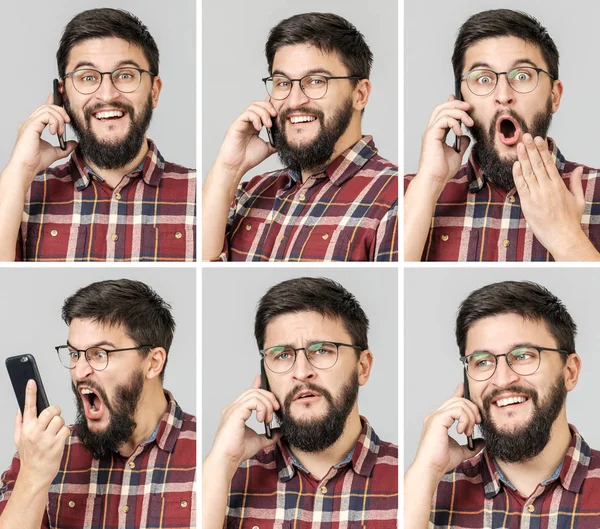 Set di bello uomo emotivo utilizzando il telefono cellulare — Foto Stock