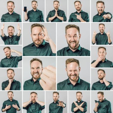 Farklı duygu ve jestleri ile yakışıklı adam seti