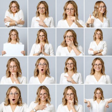 Farklı yüz ifadeleri ve jestleri ile güzel kadın