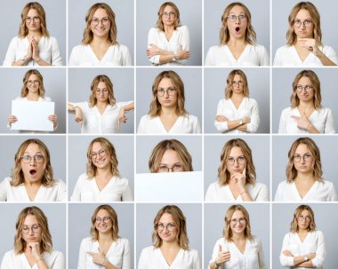 Farklı yüz ifadeleri ve jestleri ile güzel kadın