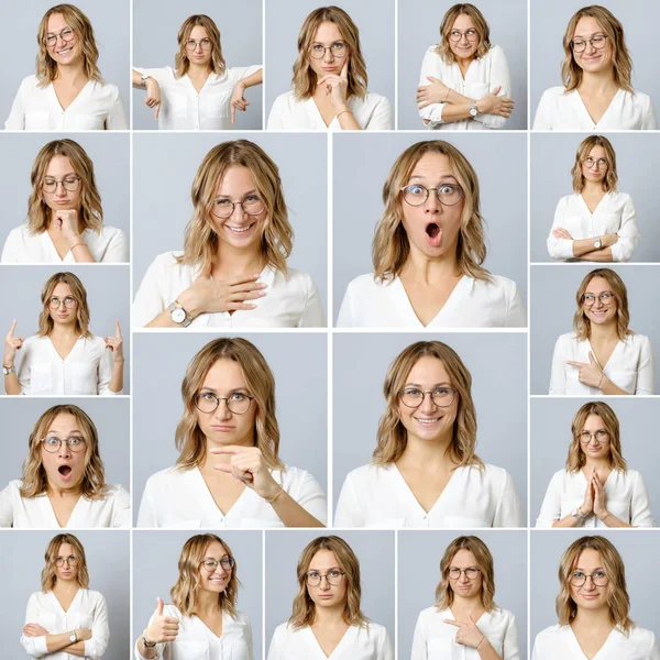 Beautiful woman with different facial expressions and gestures