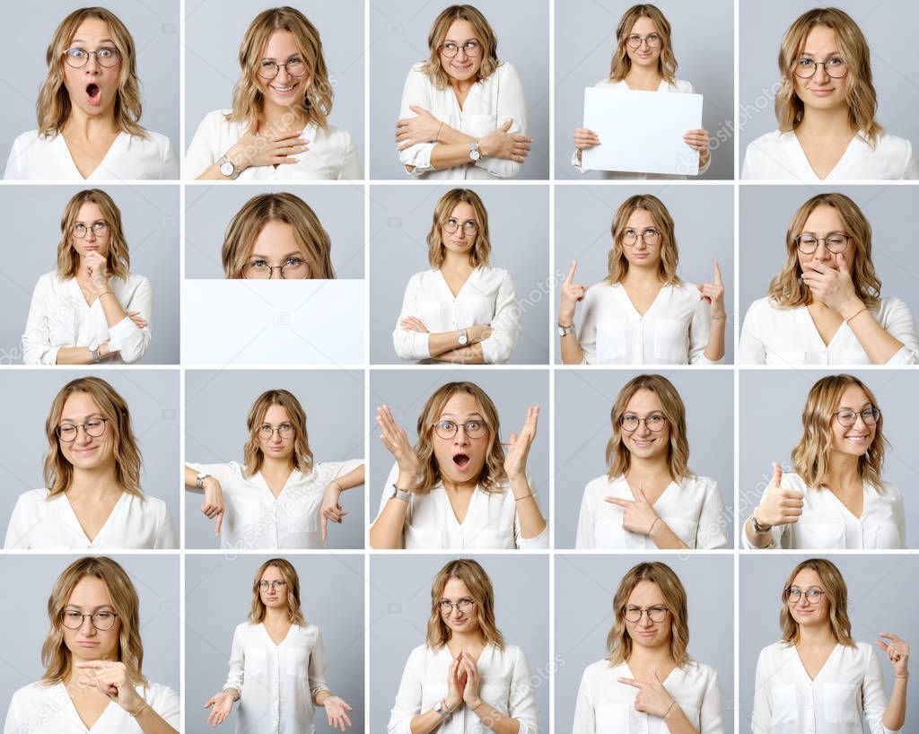 Beautiful woman with different facial expressions and gestures