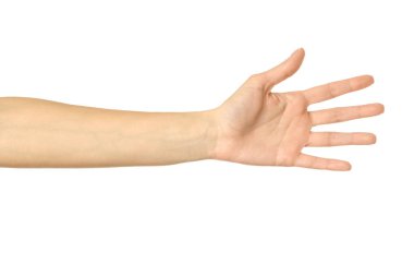 Elini uzat. Beyaz arka planda izole edilmiş Fransız manikürlü kadın eli. Dizinin bir parçası
