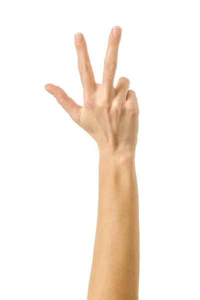 Nummer Tre Kvinna Hand Med Fransk Manikyr Gest Isolerad Vit — Stockfoto