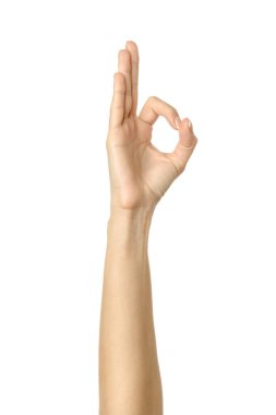 Tamam imzala. Beyaz arka planda izole edilmiş Fransız manikürlü kadın eli. Dizinin bir parçası