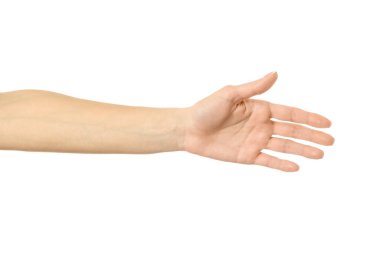 El sıkışmak için el sıkışmak. Beyaz arka planda izole edilmiş Fransız manikürlü kadın eli. Dizinin bir parçası