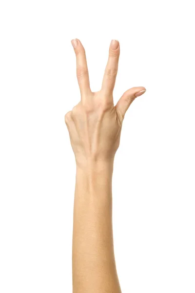 Номер Три Женская Рука Французским Маникюром Жестикулируя Изолированы Белом Фоне — стоковое фото