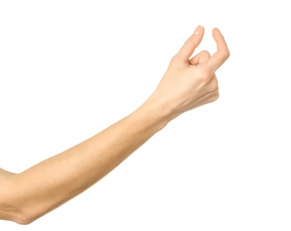 Medição Item Invisível Mão Mulher Com Gesto Manicure Francês Isolado — Fotografia de Stock