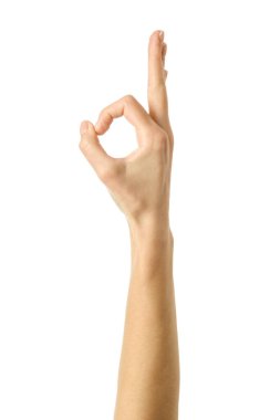 Tamam imzala. Beyaz arka planda izole edilmiş Fransız manikürlü kadın eli. Dizinin bir parçası