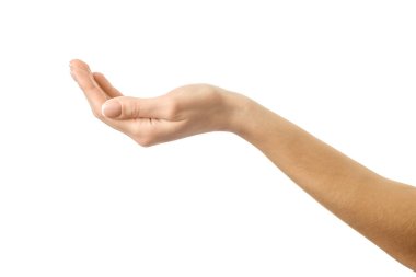 Uzamış kadın eli. Beyaz arka planda izole edilmiş Fransız manikürlü kadın eli. Dizinin bir parçası