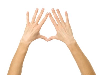 İki elle hareket. Beyaz arka planda izole edilmiş Fransız manikürlü kadın eli. Dizinin bir parçası