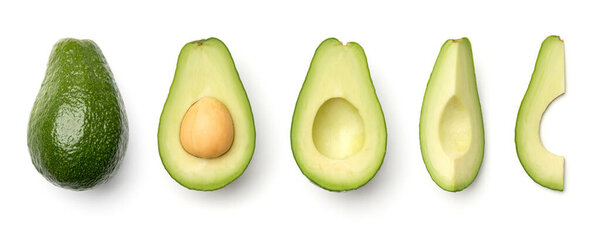 Collection of avocados isolated on white background. Set of multiple images. Part of series
