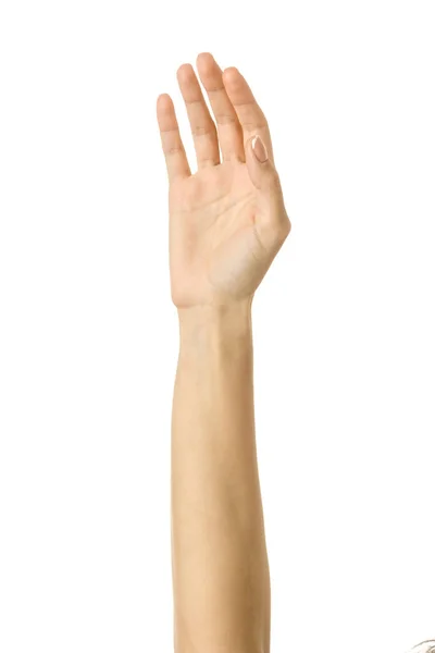 Levantó la mano votando o alcanzando. Mujer gesto de la mano aislado en blanco — Foto de Stock