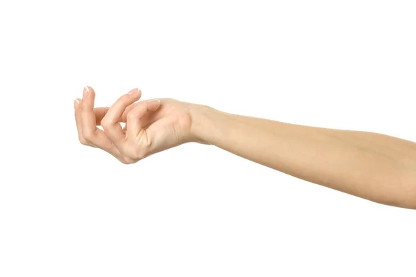 Dar, alcanzar o tomar de la mano. Mujer gesto de la mano aislado en blanco — Foto de Stock