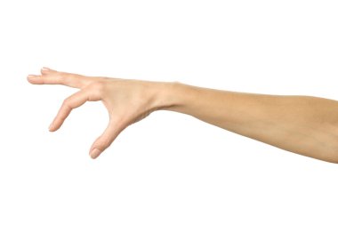 El pençe, el ele tutuşmak, kavramak ya da uzanmak. El kol hareketi yapan bir kadın beyaz üzerine izole edilmiş
