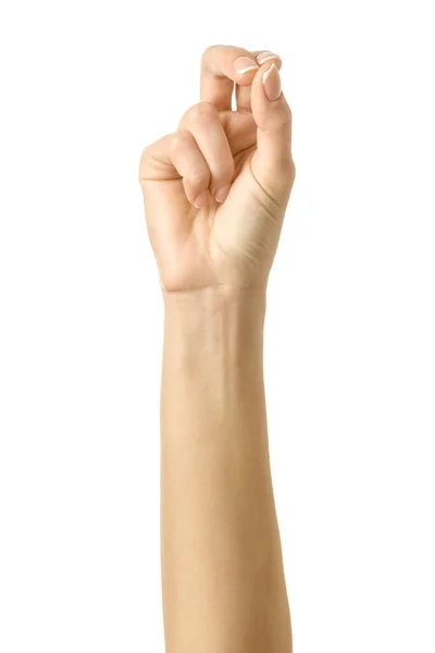 Σημάδι του σταυρού με τρία δάχτυλα. Γυναίκα χειρονομίες που απομονώνονται σε λευκό — Φωτογραφία Αρχείου