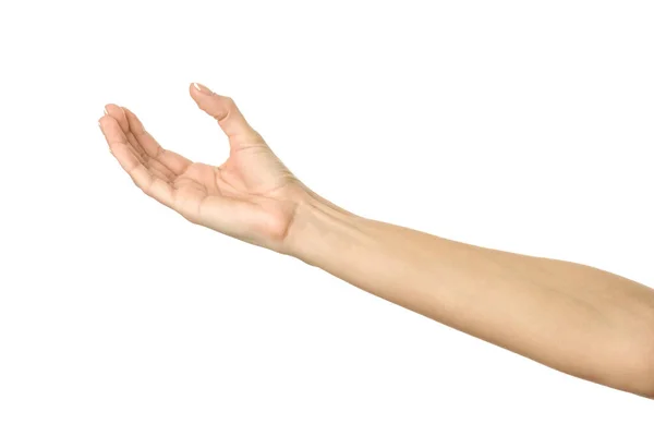 Dar, alcançar ou dar a mão. Mulher mão gestual isolado no branco — Fotografia de Stock