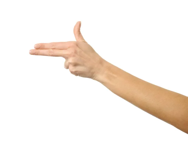Atış silahı. El kol hareketi yapan bir kadın beyaz üzerine izole edilmiş — Stok fotoğraf
