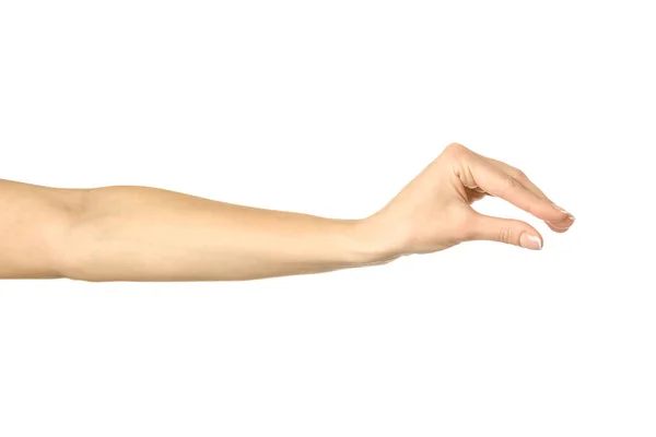 Görünmez nesne ölçülüyor. El kol hareketi yapan bir kadın beyaz üzerine izole edilmiş — Stok fotoğraf