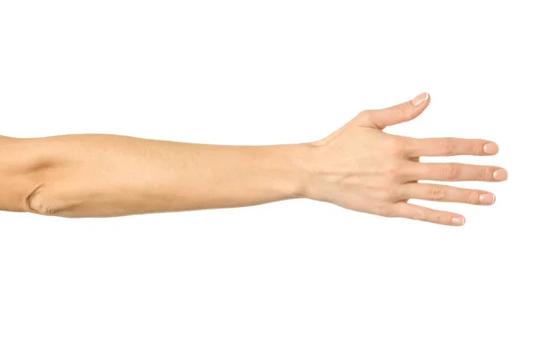Dávám ruku za potřesení rukou. Žena ruka gestikulující izolované na bílém — Stock fotografie