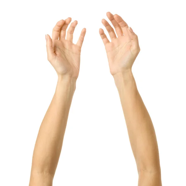 Alcançar a mão. Mulher mão gestual isolado no branco — Fotografia de Stock