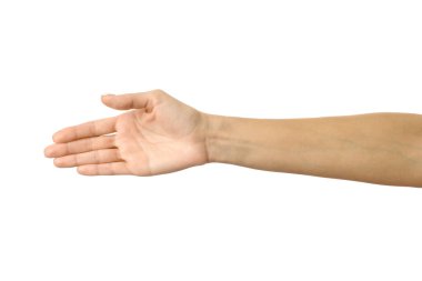 El sıkışmak için el sıkışmak. Beyaz arka planda izole edilmiş Fransız manikürlü kadın eli. Dizinin bir parçası