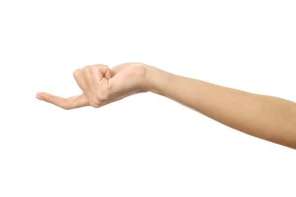 Δάχτυλο Φτάνοντας Ξύνοντας Γυναικείο Χέρι Γαλλικό Μανικιούρ Gesturing Απομονώνονται Λευκό — Φωτογραφία Αρχείου