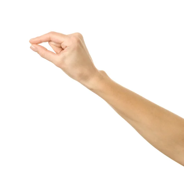 Mätning Osynligt Föremål Kvinna Hand Med Fransk Manikyr Gest Isolerad — Stockfoto