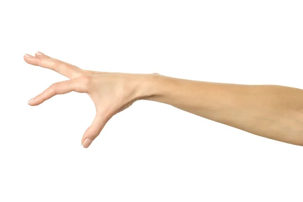 Handmatig Plukken Vasthouden Grijpen Reiken Vrouw Hand Met Franse Manicure — Stockfoto