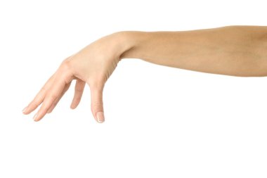 El pençe, el ele tutuşmak, kavramak ya da uzanmak. Beyaz arka planda izole edilmiş Fransız manikürlü kadın eli. Dizinin bir parçası