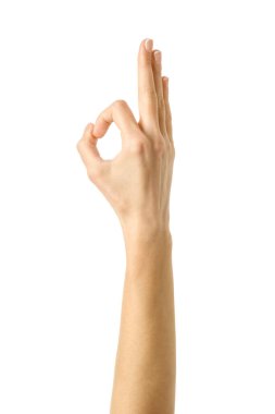 Tamam imzala. Beyaz arka planda izole edilmiş Fransız manikürlü kadın eli. Dizinin bir parçası