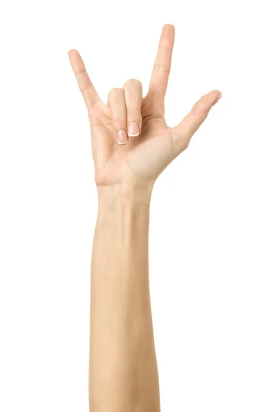 Ροκ Ρολ Γυναικείο Χέρι Γαλλικό Μανικιούρ Gesturing Απομονώνονται Λευκό Φόντο — Φωτογραφία Αρχείου