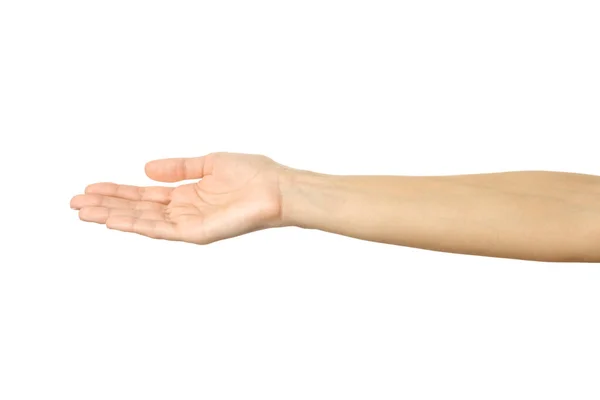 Outstretched Female Hand Woman Hand French Manicure Gesturing Isolated White — Stock Photo, Image